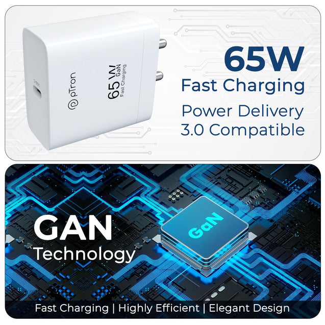 pTron 65W Gan USB Type C Charger for MacBook Pro/Air, Dell Xps, iPhone 15 Pro Max/14/13, iPad Pro, Galaxy S23, Pixel 8/7 and More Volta FC23 (White)