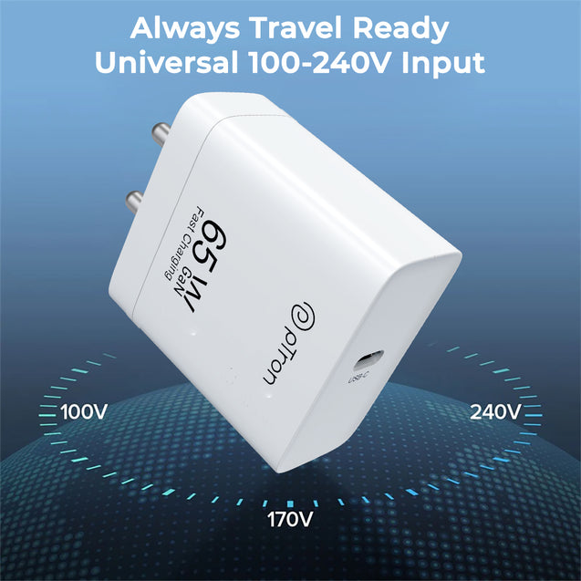 pTron 65W Gan USB Type C Charger for MacBook Pro/Air, Dell Xps, iPhone 15 Pro Max/14/13, iPad Pro, Galaxy S23, Pixel 8/7 and More Volta FC23 (White)