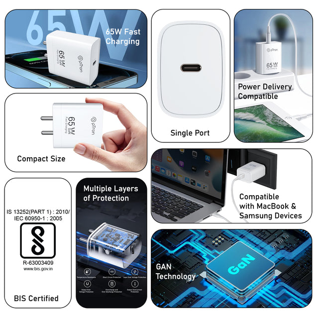 pTron 65W Gan USB Type C Charger for MacBook Pro/Air, Dell Xps, iPhone 15 Pro Max/14/13, iPad Pro, Galaxy S23, Pixel 8/7 and More Volta FC23 (White)