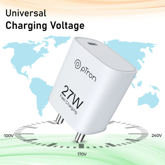 pTron Volta FC20 27W Type-C PD Fast Charging Charger, Compatible for iPhone 14/13/12/11/X/8 & Other Type C Enabled Devices, Single Port, Power Delivery Compatible Adapter & BIS Certified (White)