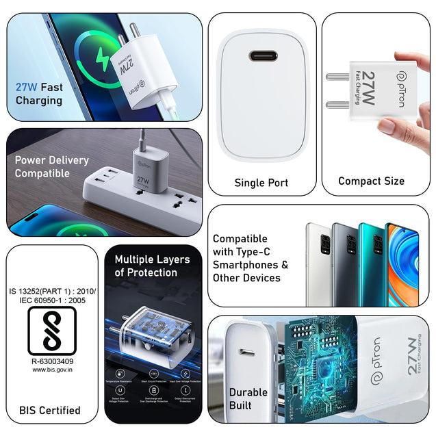 pTron Volta FC20 27W Type-C PD Fast Charging Charger, Compatible for iPhone 14/13/12/11/X/8 & Other Type C Enabled Devices, Single Port, Power Delivery Compatible Adapter & BIS Certified (White)