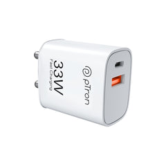 pTron 33W Dual Port Gan USB Type A Charger, Compatible with Samsung Superfast, Mi Soniccharge, Motorola Turbo Charger & MacBook Air, Volta FC21 (White)