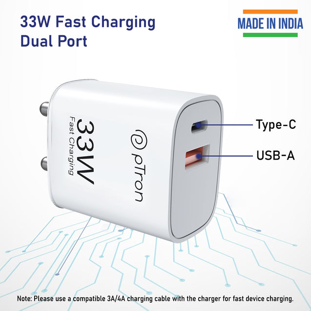 pTron 33W Dual Port Gan USB Type A Charger, Compatible with Samsung Superfast, Mi Soniccharge, Motorola Turbo Charger & MacBook Air, Volta FC21 (White)