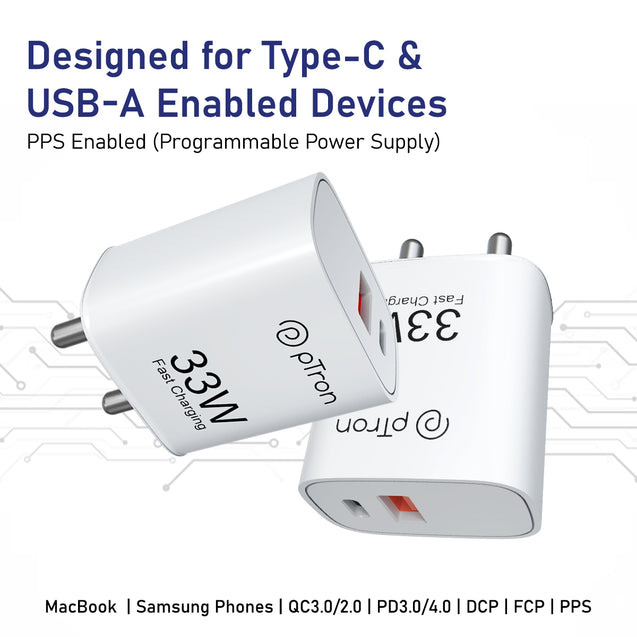 pTron 33W Dual Port Gan USB Type A Charger, Compatible with Samsung Superfast, Mi Soniccharge, Motorola Turbo Charger & MacBook Air, Volta FC21 (White)