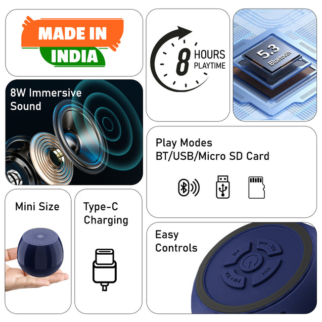 pTron Musicbot Pop Mini 8W Wireless Speaker, Immersive Sound, 52mm Driver, 8H Playtime, Bluetooth V5.3, MicroSD Card & USB Playback, TWS Pairing Feature, Integrated Music Control (Blue)