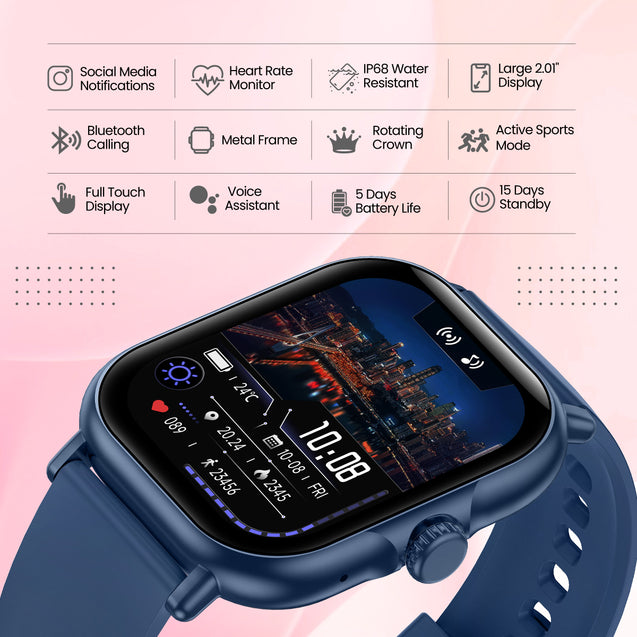 pTron Reflect Callz 2.01" Smartwatch with Bluetooth Calling, Full Touch Square Display, 600 NITS, Functional Crown, 100+ Watch Faces, HR, SpO2, 5 Days Battery Life & IP68 (Blue)