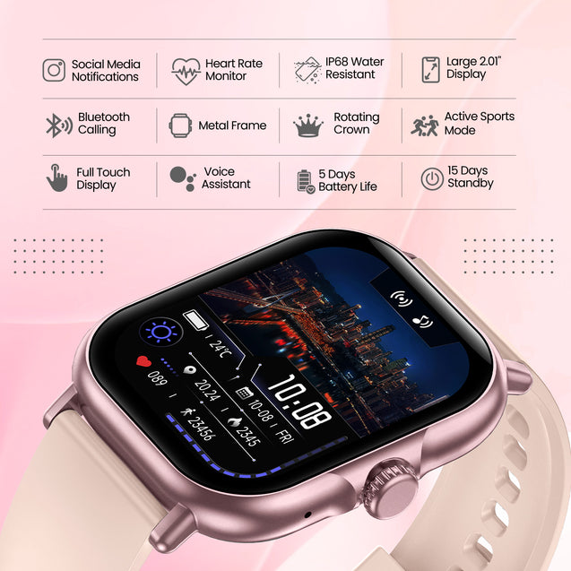 pTron Reflect Callz 2.01" Smartwatch with Bluetooth Calling, Full Touch Square Display, 600 NITS, Functional Crown, 100+ Watch Faces, HR, SpO2, 5 Days Battery Life & IP68 (Pink)