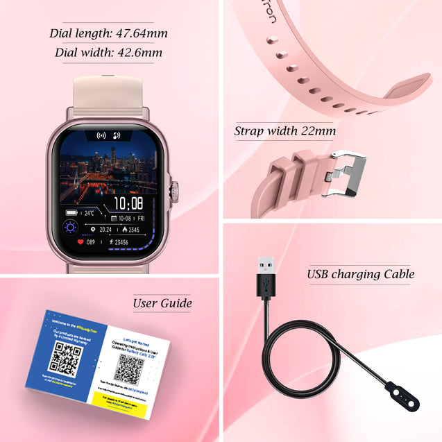 pTron Reflect Callz 2.01" Smartwatch with Bluetooth Calling, Full Touch Square Display, 600 NITS, Functional Crown, 100+ Watch Faces, HR, SpO2, 5 Days Battery Life & IP68 (Pink)