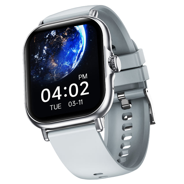 pTron Reflect Callz 2.01" Smartwatch with Bluetooth Calling, Full Touch Square Display, 600 NITS, Functional Crown, 100+ Watch Faces, HR, SpO2, 5 Days Battery Life & IP68 (Silver & Grey)