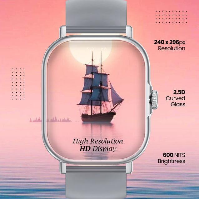 pTron Reflect Callz 2.01" Smartwatch with Bluetooth Calling, Full Touch Square Display, 600 NITS, Functional Crown, 100+ Watch Faces, HR, SpO2, 5 Days Battery Life & IP68 (Silver & Grey)
