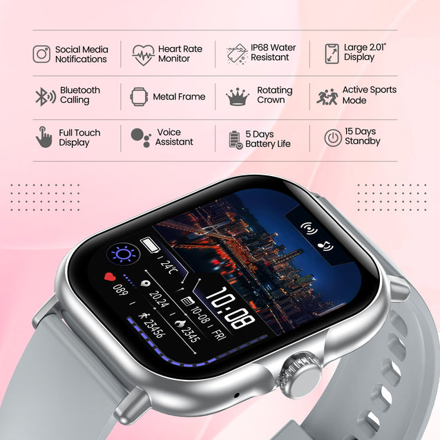 pTron Reflect Callz 2.01" Smartwatch with Bluetooth Calling, Full Touch Square Display, 600 NITS, Functional Crown, 100+ Watch Faces, HR, SpO2, 5 Days Battery Life & IP68 (Silver & Grey)