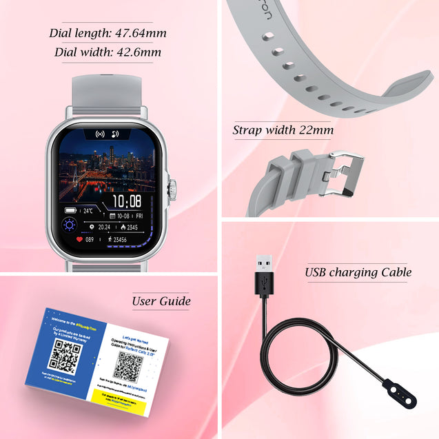 pTron Reflect Callz 2.01" Smartwatch with Bluetooth Calling, Full Touch Square Display, 600 NITS, Functional Crown, 100+ Watch Faces, HR, SpO2, 5 Days Battery Life & IP68 (Silver & Grey)