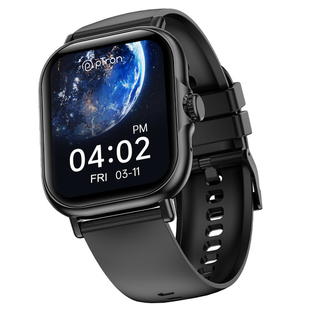 pTron Reflect Callz 2.01" Smartwatch with Bluetooth Calling, Full Touch Square Display, 600 NITS, Functional Crown, 100+ Watch Faces, HR, SpO2, 5 Days Battery Life & IP68 (Black)