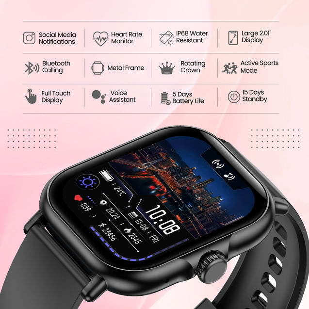pTron Reflect Callz 2.01" Smartwatch with Bluetooth Calling, Full Touch Square Display, 600 NITS, Functional Crown, 100+ Watch Faces, HR, SpO2, 5 Days Battery Life & IP68 (Black)