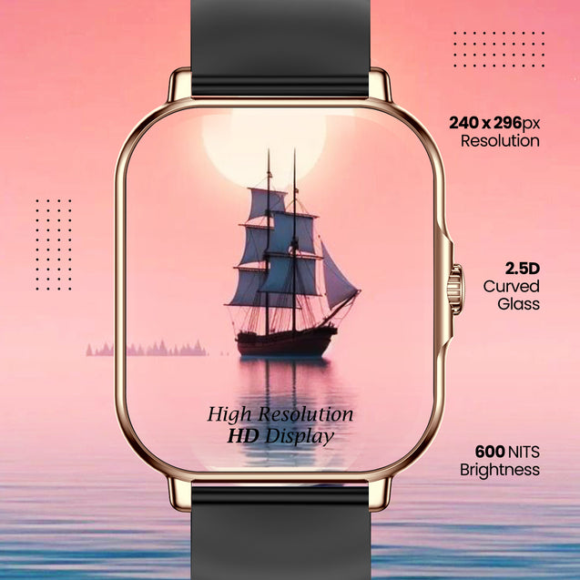 pTron Reflect Callz 2.01" Smartwatch with Bluetooth Calling, Full Touch Square Display, 600 NITS, Functional Crown, 100+ Watch Faces, HR, SpO2, 5 Days Battery Life & IP68 (Gold & Black)