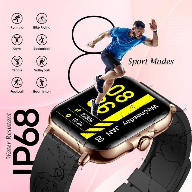 pTron Reflect Callz 2.01" Smartwatch with Bluetooth Calling, Full Touch Square Display, 600 NITS, Functional Crown, 100+ Watch Faces, HR, SpO2, 5 Days Battery Life & IP68 (Gold & Black)