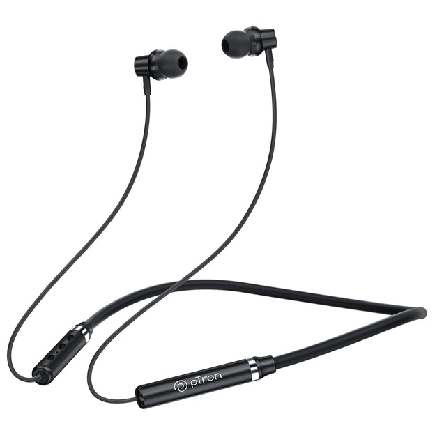 pTron Intunes Magic In-Ear Bluetooth 5.0 Wireless Headphones with Deep Bass, 18H Playtime, Clear Calls, Dual Device Pairing Wireless Neckband, Fast Type-C Charge, Voice Assistant & IPX4 (Jet Black)