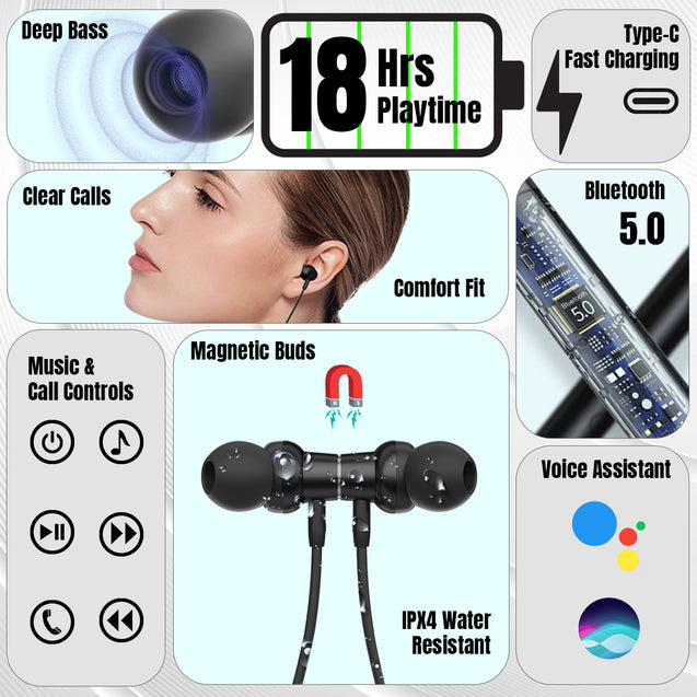pTron Intunes Magic In-Ear Bluetooth 5.0 Wireless Headphones with Deep Bass, 18H Playtime, Clear Calls, Dual Device Pairing Wireless Neckband, Fast Type-C Charge, Voice Assistant & IPX4 (Jet Black)