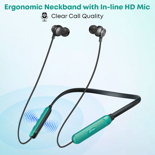 pTron InTunes Classic Bluetooth 5.2 Wireless in-Ear Headphones with Mic, 24H Playback, 13mm Driver, Fast Charging Type-C Neckband, Dual Pairing, Voice Assist & IPX4 Water Resistant (Jet Black & Green)