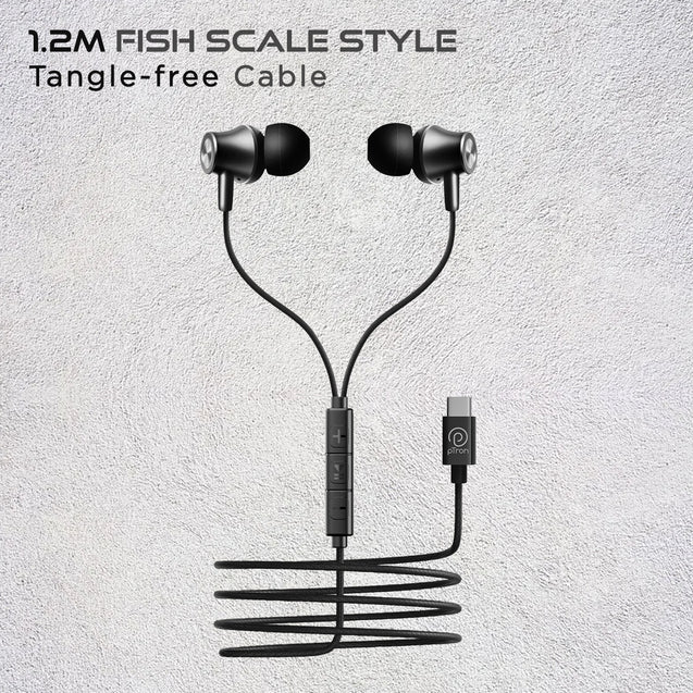 pTron Boom Play In-Ear Type C Wired Headphones with Mic, 10mm Drivers for Immersive Audio, 1.2m Fish Scale Style Tangle-free Cable, In-line Controls, Metal Buds, Snug-fit & Wide Compatibility (Black)