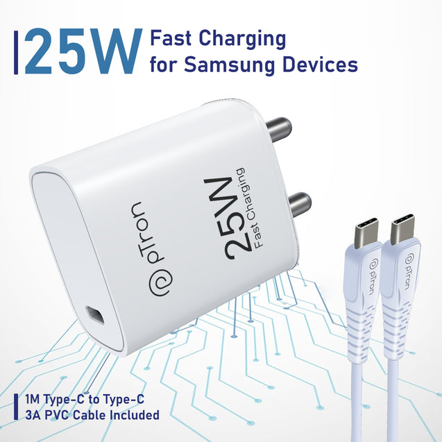 pTron 25W Type C Mobile Charger Superfast Charging Compatible for Samsung S20 FE/S20+/S21/S21+/S21 FE/S21 Ultra/S22/S23/M14 5G/M15/M32/M33 5G/M34/A05/A15/A35/PPS PD - Volta FC19 with 1m Cable (White)