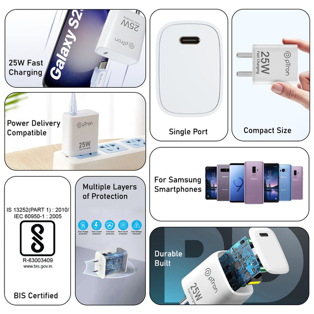 pTron 25W Type C Mobile Charger Superfast Charging Compatible for Samsung S20 FE/S20+/S21/S21+/S21 FE/S21 Ultra/S22/S23/M14 5G/M15/M32/M33 5G/M34/A05/A15/A35/PPS PD - Volta FC19 with 1m Cable (White)