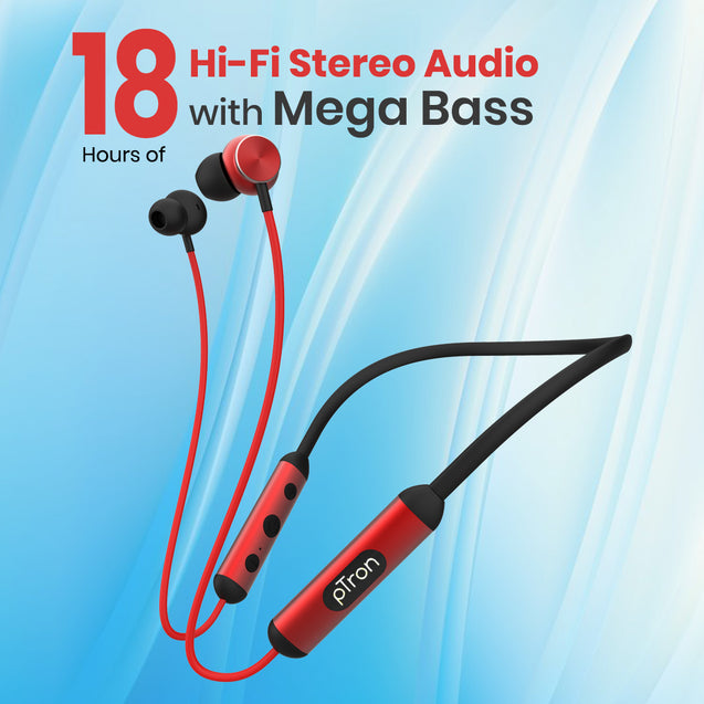 pTron InTunes Ultima in-Ear Wireless Earphones with Mic, 18 Hrs Music with Mega Bass, Bluetooth 5.0 Neckband, Lightweight, Voice Assistant, Type-C Fast Charging, IPX4 Water Resistant (Jet Black & Red)