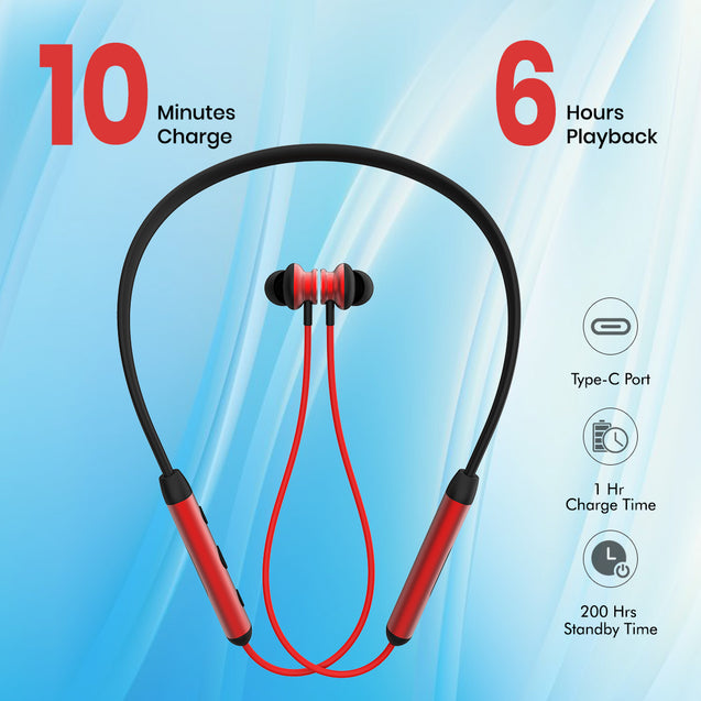 pTron InTunes Ultima in-Ear Wireless Earphones with Mic, 18 Hrs Music with Mega Bass, Bluetooth 5.0 Neckband, Lightweight, Voice Assistant, Type-C Fast Charging, IPX4 Water Resistant (Jet Black & Red)