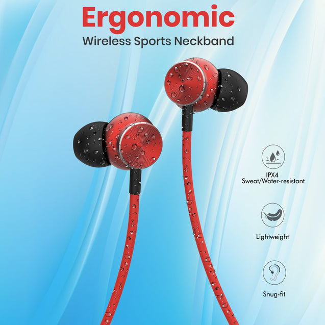 pTron InTunes Ultima in-Ear Wireless Earphones with Mic, 18 Hrs Music with Mega Bass, Bluetooth 5.0 Neckband, Lightweight, Voice Assistant, Type-C Fast Charging, IPX4 Water Resistant (Jet Black & Red)