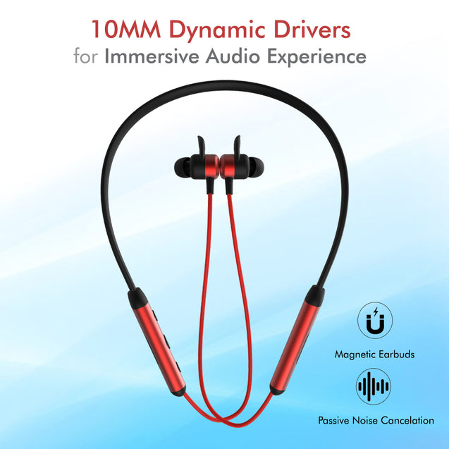 pTron Tangent Plus v2 In Ear Wireless Earphones with Mic, 18 Hrs Music with Mega Bass, Bluetooth 5.0 Neckband, Lightweight, Voice Assistant, Type-C Fast Charging, IPX4 Water Resistant (Jet Black & Red)