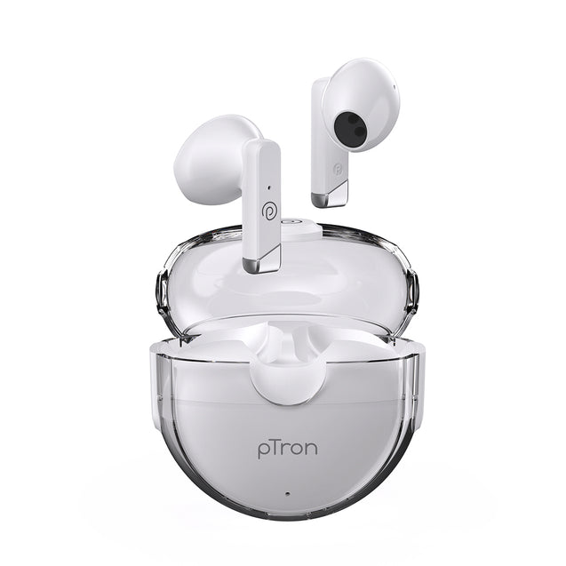 pTron Bassbuds Fute TWS Earbuds with Mic, Bluetooth V5.1 Wireless Headphones, 13mm Driver, 25Hrs Playtime, Snug-Fit In-Ear Buds, Touch Control, Voice Assistant & Type C Fast Charging (Pearl White)