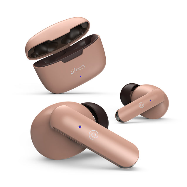 pTron Bassbuds Duo In-Ear Wireless Earbuds, Immersive Sound, 32Hrs Playtime, Clear Calls TWS Earbuds, Bluetooth V5.1 Headphones, Type-C Fast Charging, Voice Assistant & IPX4 Water Resistant (Light Brown)