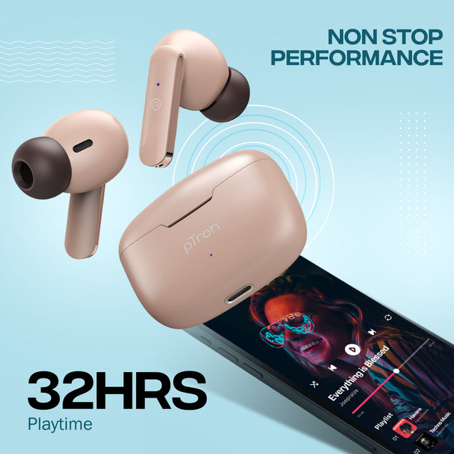 pTron Bassbuds Duo In-Ear Wireless Earbuds, Immersive Sound, 32Hrs Playtime, Clear Calls TWS Earbuds, Bluetooth V5.1 Headphones, Type-C Fast Charging, Voice Assistant & IPX4 Water Resistant (Light Brown)