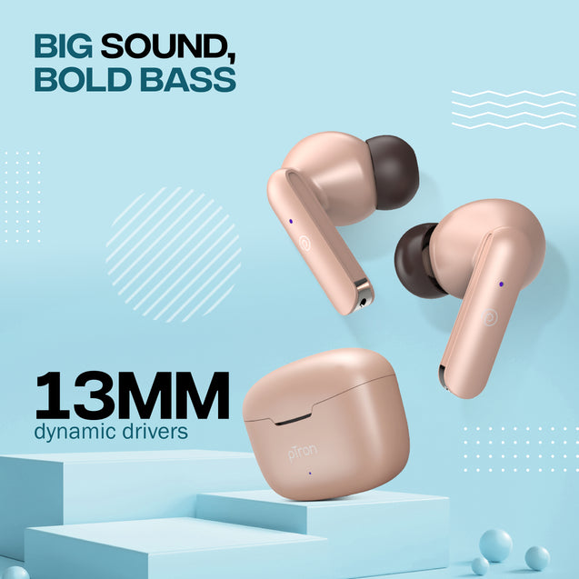 pTron Bassbuds Duo In-Ear Wireless Earbuds, Immersive Sound, 32Hrs Playtime, Clear Calls TWS Earbuds, Bluetooth V5.1 Headphones, Type-C Fast Charging, Voice Assistant & IPX4 Water Resistant (Light Brown)