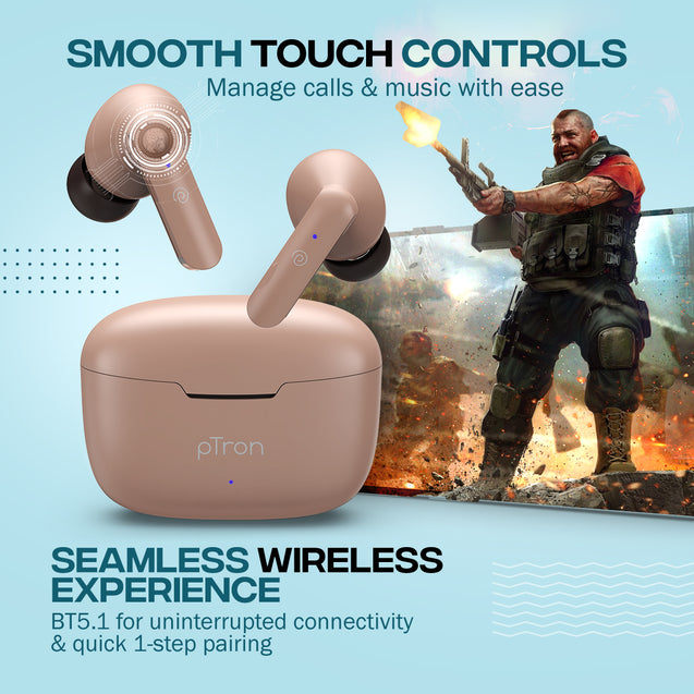 pTron Bassbuds Duo In-Ear Wireless Earbuds, Immersive Sound, 32Hrs Playtime, Clear Calls TWS Earbuds, Bluetooth V5.1 Headphones, Type-C Fast Charging, Voice Assistant & IPX4 Water Resistant (Light Brown)