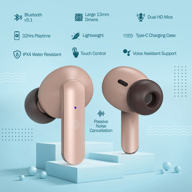 pTron Bassbuds Duo In-Ear Wireless Earbuds, Immersive Sound, 32Hrs Playtime, Clear Calls TWS Earbuds, Bluetooth V5.1 Headphones, Type-C Fast Charging, Voice Assistant & IPX4 Water Resistant (Light Brown)