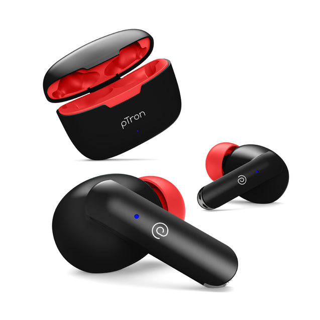 pTron Bassbuds Duo In-Ear Wireless Earbuds, Immersive Sound, 32Hrs Playtime, Clear Calls TWS Earbuds, Bluetooth V5.1 Headphones, Type-C Fast Charging, Voice Assist & IPX4 Water Resistant (Jet Black & Red)