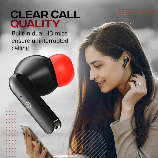 pTron Bassbuds Duo In-Ear Wireless Earbuds, Immersive Sound, 32Hrs Playtime, Clear Calls TWS Earbuds, Bluetooth V5.1 Headphones, Type-C Fast Charging, Voice Assist & IPX4 Water Resistant (Jet Black & Red)