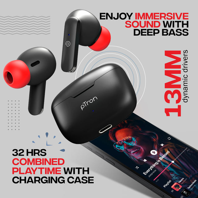 pTron Bassbuds Duo In-Ear Wireless Earbuds, Immersive Sound, 32Hrs Playtime, Clear Calls TWS Earbuds, Bluetooth V5.1 Headphones, Type-C Fast Charging, Voice Assist & IPX4 Water Resistant (Jet Black & Red)