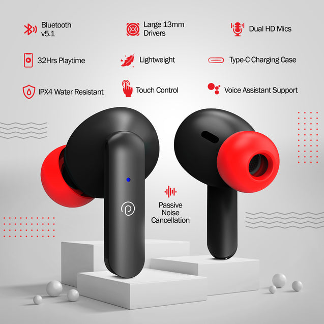 pTron Bassbuds Duo In-Ear Wireless Earbuds, Immersive Sound, 32Hrs Playtime, Clear Calls TWS Earbuds, Bluetooth V5.1 Headphones, Type-C Fast Charging, Voice Assist & IPX4 Water Resistant (Jet Black & Red)