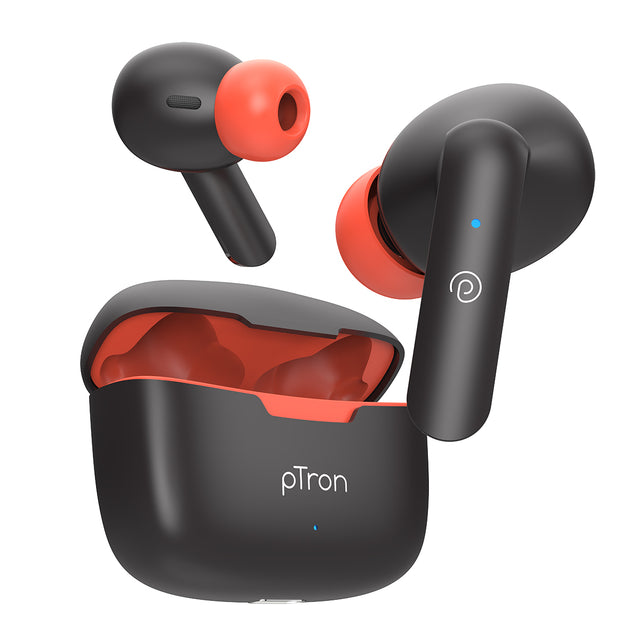 pTron Bassbuds Duo In-Ear Wireless Earbuds, Immersive Sound, 32Hrs Playtime, Clear Calls TWS Earbuds, Bluetooth V5.1 Headphones, Type-C Fast Charging, Voice Assist & IPX4 Water Resistant (Jet Black & Red)