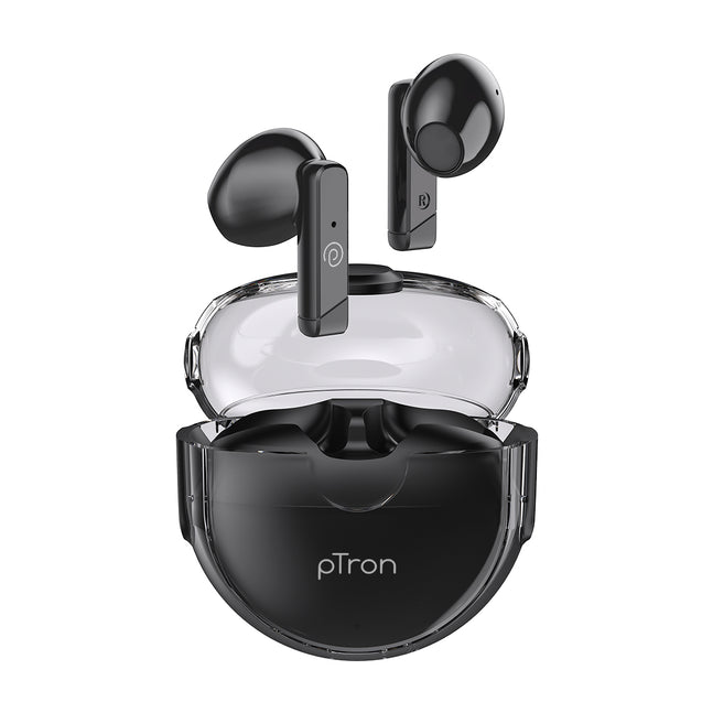 pTron Bassbuds Fute TWS Earbuds with Mic, Bluetooth V5.1 Wireless Headphones, 13mm Driver, 25Hrs Playtime, Snug-Fit In-Ear Buds, Touch Control, Voice Assistant & Type C Fast Charging (Pearl Black)