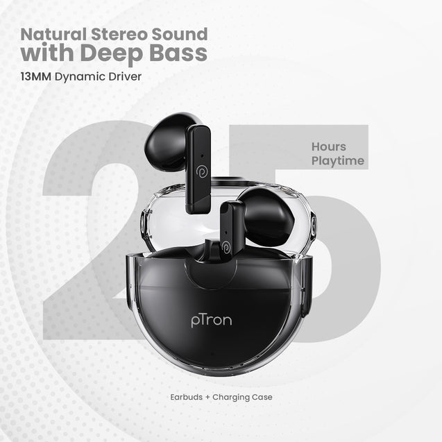 pTron Bassbuds Fute TWS Earbuds with Mic, Bluetooth V5.1 Wireless Headphones, 13mm Driver, 25Hrs Playtime, Snug-Fit In-Ear Buds, Touch Control, Voice Assistant & Type C Fast Charging (Pearl Black)