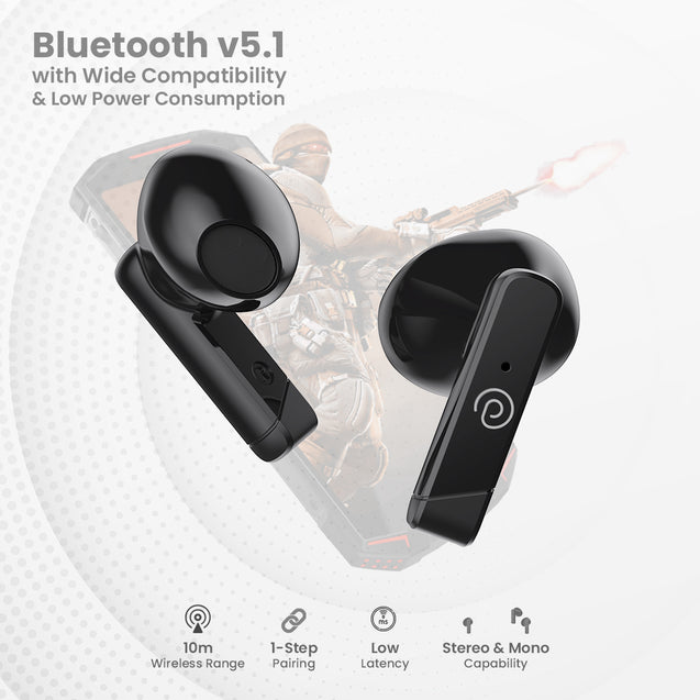 pTron Bassbuds Fute TWS Earbuds with Mic, Bluetooth V5.1 Wireless Headphones, 13mm Driver, 25Hrs Playtime, Snug-Fit In-Ear Buds, Touch Control, Voice Assistant & Type C Fast Charging (Pearl Black)