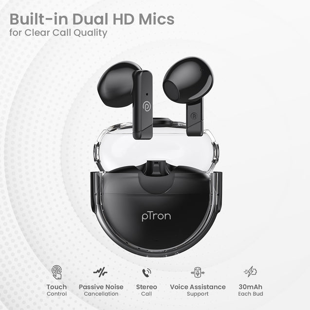 pTron Bassbuds Fute TWS Earbuds with Mic, Bluetooth V5.1 Wireless Headphones, 13mm Driver, 25Hrs Playtime, Snug-Fit In-Ear Buds, Touch Control, Voice Assistant & Type C Fast Charging (Pearl Black)