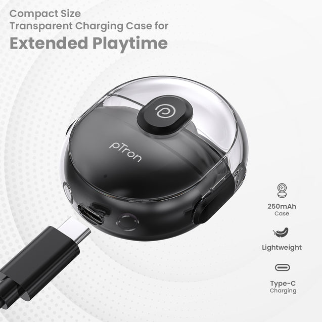 pTron Bassbuds Fute TWS Earbuds with Mic, Bluetooth V5.1 Wireless Headphones, 13mm Driver, 25Hrs Playtime, Snug-Fit In-Ear Buds, Touch Control, Voice Assistant & Type C Fast Charging (Pearl Black)