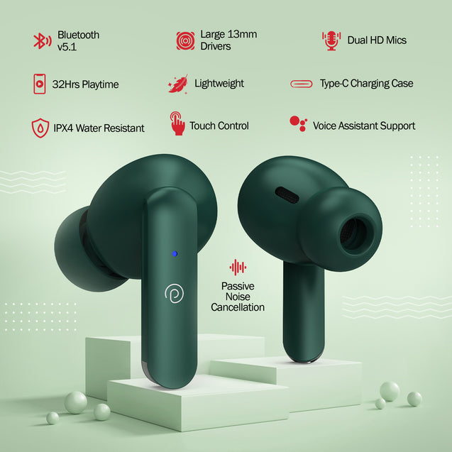 pTron Bassbuds Duo in-Ear Wireless Earbuds, Immersive Sound, 32H Playtime, Clear Calls TWS Earbuds, Bluetooth V5.1 Headphone, Type-C Fast Charging, Voice Assistant & IPX4 Water Resistant (Green)