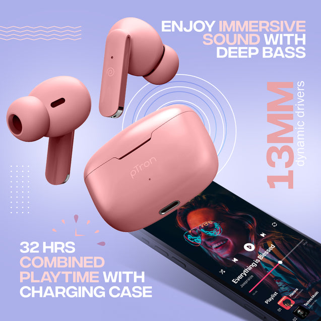 pTron Bassbuds Duo In-Ear Wireless Earbuds, Immersive Sound, 32Hrs Playtime, Clear Calls TWS Earbuds, Bluetooth V5.1 Headphone, Type-C Fast Charging, Voice Assist & IPX4 Water Resistant(Light Pink)