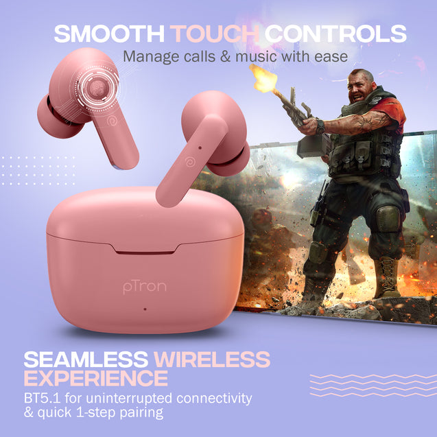 pTron Bassbuds Duo In-Ear Wireless Earbuds, Immersive Sound, 32Hrs Playtime, Clear Calls TWS Earbuds, Bluetooth V5.1 Headphone, Type-C Fast Charging, Voice Assist & IPX4 Water Resistant(Light Pink)