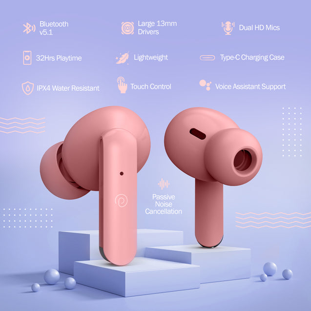 pTron Bassbuds Duo In-Ear Wireless Earbuds, Immersive Sound, 32Hrs Playtime, Clear Calls TWS Earbuds, Bluetooth V5.1 Headphone, Type-C Fast Charging, Voice Assist & IPX4 Water Resistant(Light Pink)